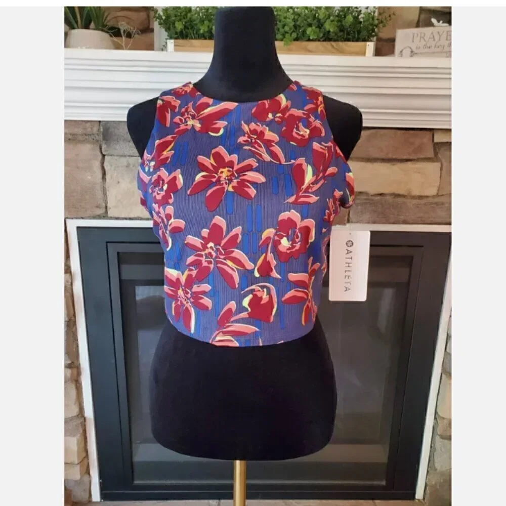 ATHLETA Conscious Crop YOGA Top Bra Bralette Blue Floral Print BUTTERY SOFT $64